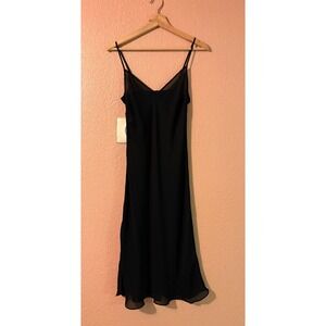 Black Slip Midi Dress Spaghetti Straps Sheer V Neck
